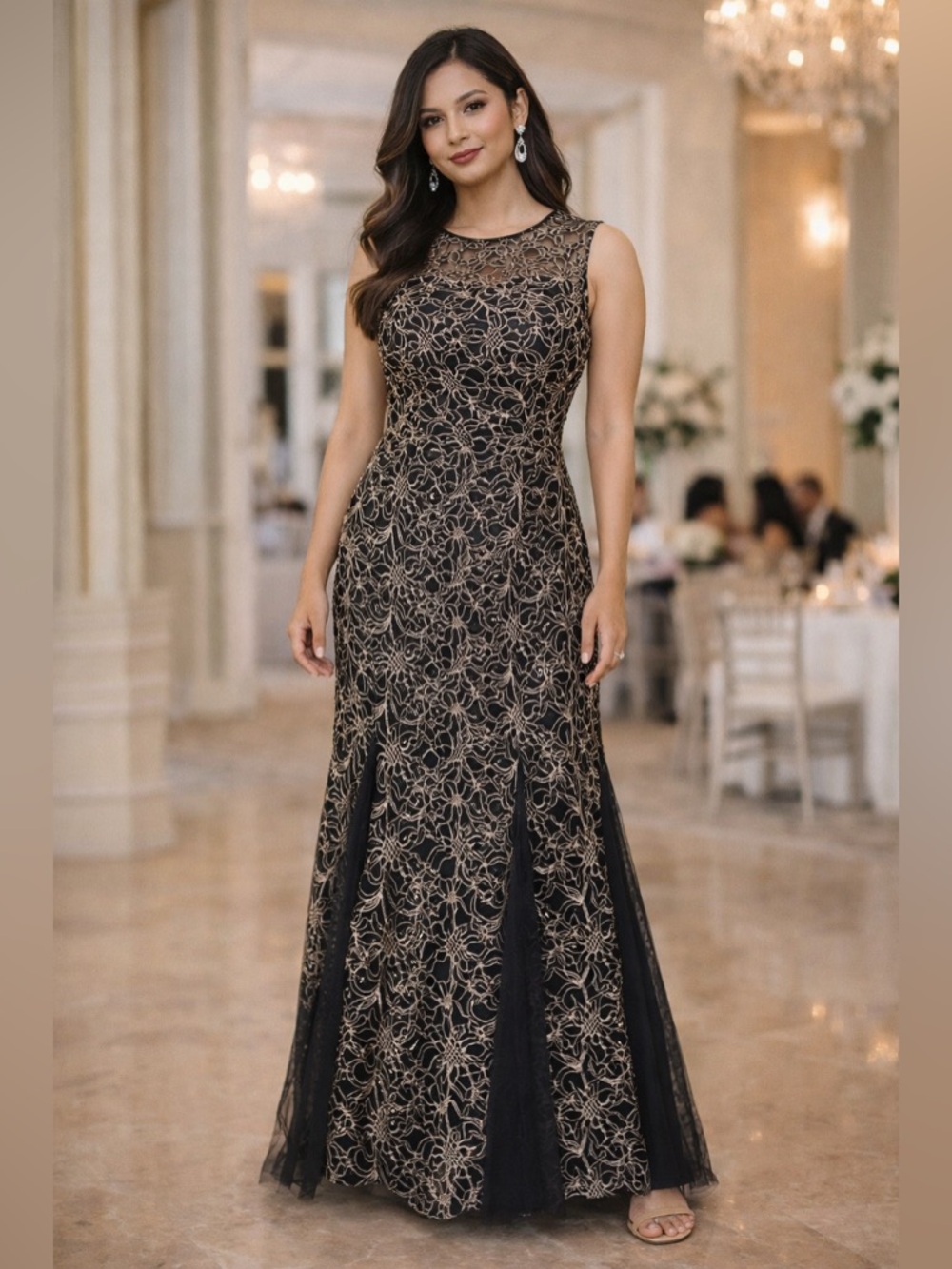 Long Fitted Mermaid sleeveless crew neckline gown